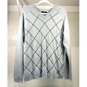 Two A.M. Men Gray Cashmere Argyle V-Neck Long Sleeve Soft Knit Sweater Medium
